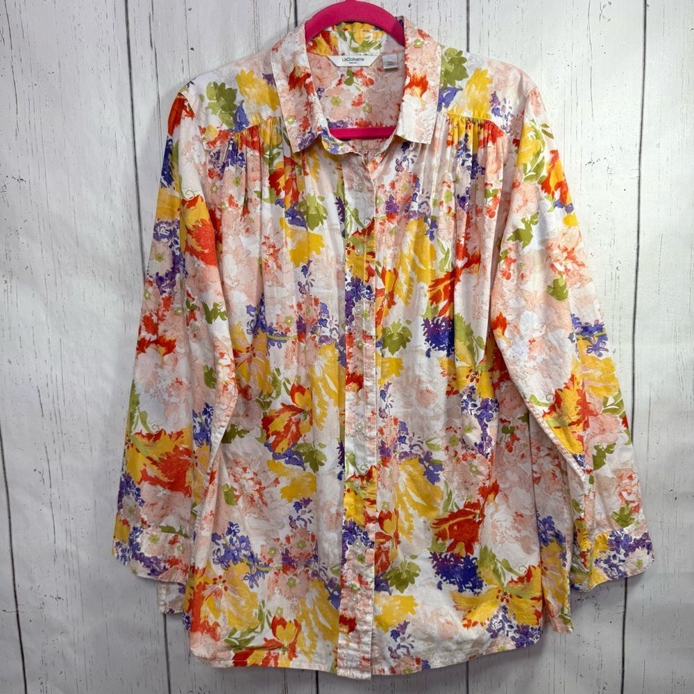 Liz Claiborne New York Floral Button Down Shirt 14W Cotton Bright Blouse Cottage